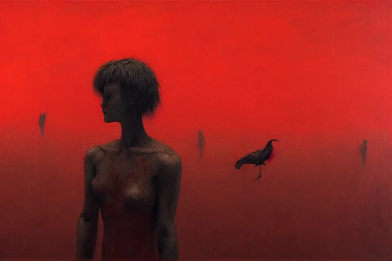 Image similar to only with red, a red dystopic knight, venice, flock of birds in the red sky, in the style of beksinski, parts by edward hopper, parts by rodcenko, parts by yue minjun, intricate and epic composition, red by caravaggio, insanely quality, highly detailed, masterpiece, red light, artstation, 4 k