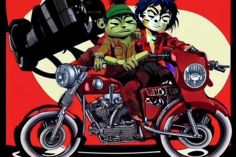 Image similar to pizza the hut, akira's motorcycle, gorillaz, poster, high quality