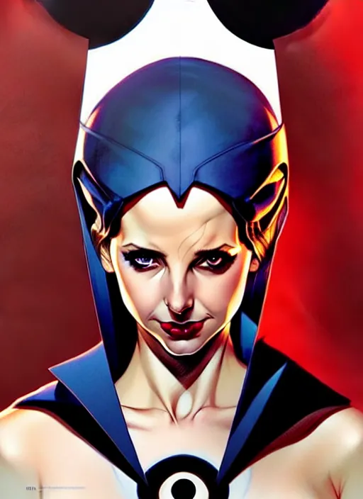 Image similar to artgerm, joshua middleton comic cover art, pretty sarah michelle gellar superhero, asymmetrical black oval spot covering left eye, left eye only, very pale white skin, no spot right eye, white around right eye