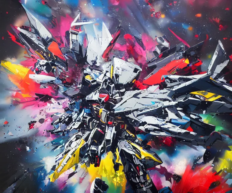 Image similar to acrylic and spraypaint action portrait of a giant origami gundam battling in space, explosions, graffiti wildstyle, large brush strokes, painting, paint drips, acrylic, clear shapes, spraypaint, smeared flowers large triangular shapes, painting by ashley wood, totem 2, jeremy mann, masterpiece