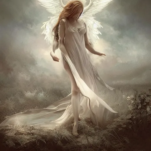 Prompt: A magnificent and beautiful digital painting of an angelic figure in a dreamlike and surreal landscape, by Ekaterina Savic and Bastien Lecouffe Deharme