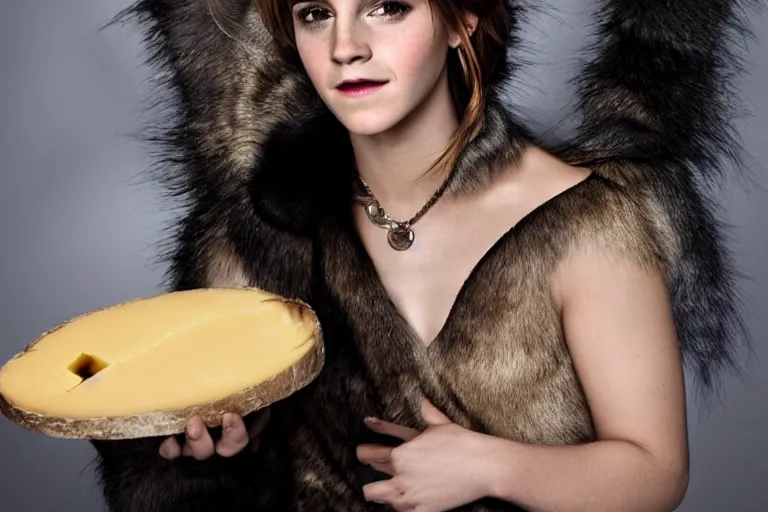 Image similar to photo, emma watson as antropomorphic furry - rat, tinky winky, eats cheese, highly detailed, intricate details