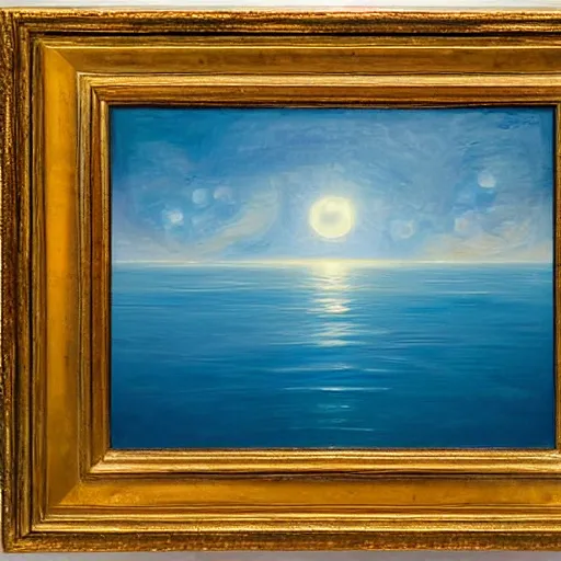 Prompt: spheres and ellipsoids floating over and reflected in the ocean ’ s surface, with majestic thunderheads in the background, pastoral lighting, abstract oil painting style