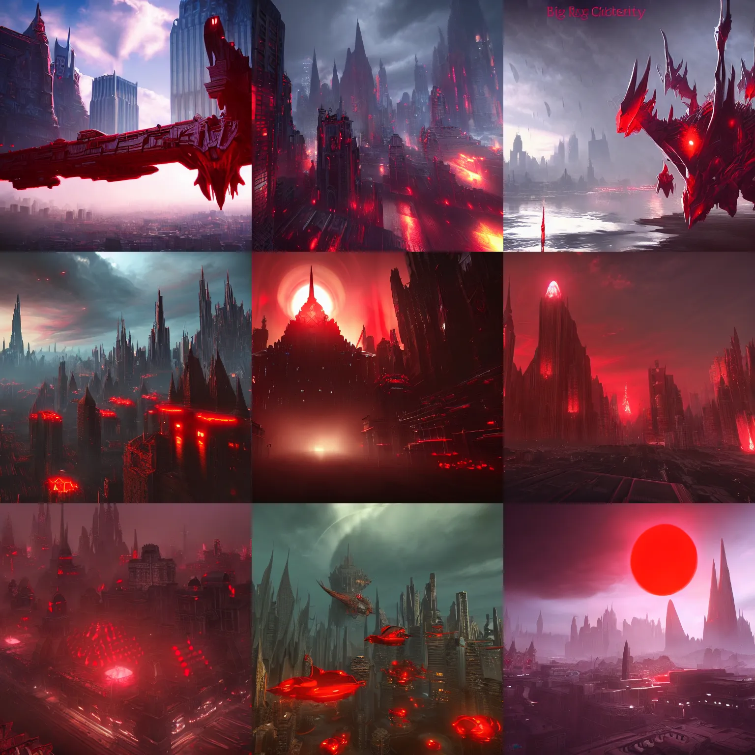 Prompt: big evil city, dark fantasy, shadows, artstation trending, unreal engine 5, red, invader spaceships in sky