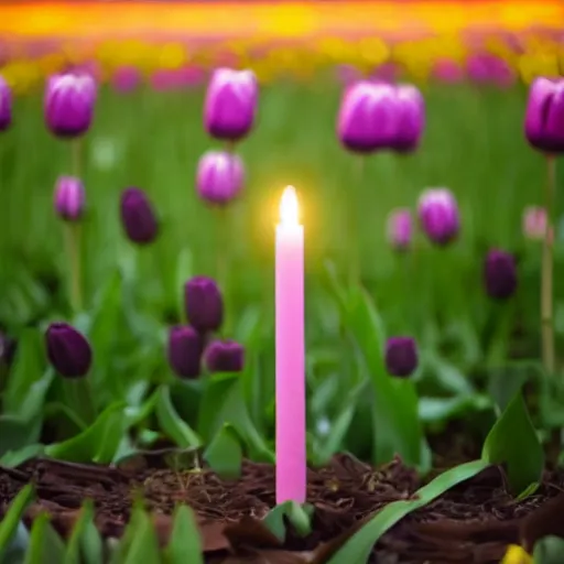 Image similar to lone candle at night in a field of tulips