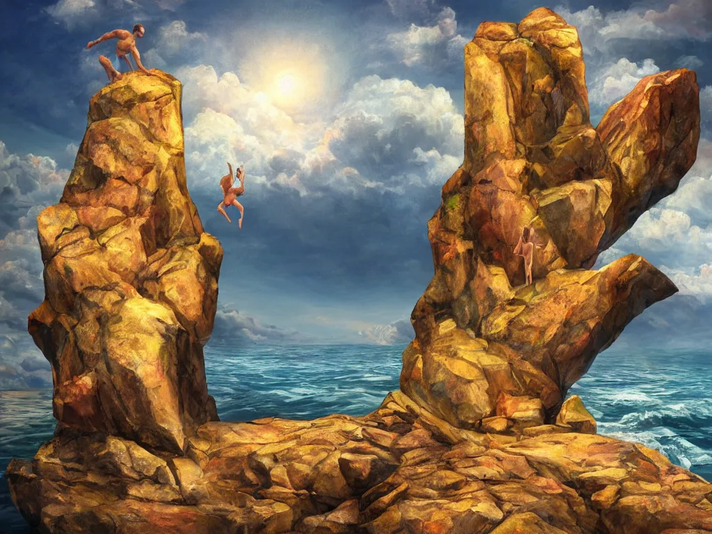 Prompt: rock cliff mountain with attached strong arms standing on muscly legs in speedos in the middle of the ocean, religious portrait lighting, oil painting 3d rendering