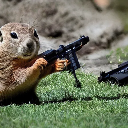 Prompt: a very hangry prairie dog. holding an m 1 6, aiming, lying on the grass