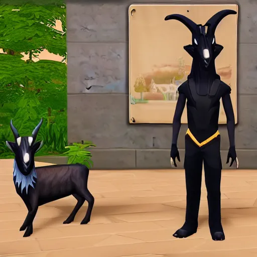 Prompt: an anthropomorphic black goat wizard in the sims 4, screenshot