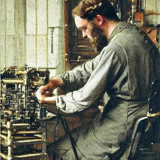 Image similar to edwardian engineer working on a complicated machine, painting by alfred stevens