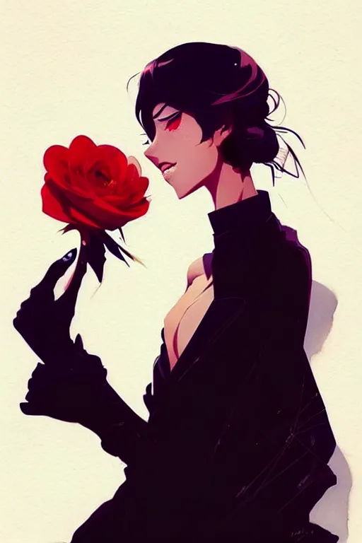 Image similar to a ultradetailed beautiful panting of a stylish woman holding a rose, by conrad roset, greg rutkowski and makoto shinkai, trending on artstation