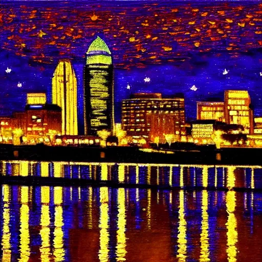 Image similar to louisville ky skyline at night reflecting of the river, in the style of van goghs painting starry night