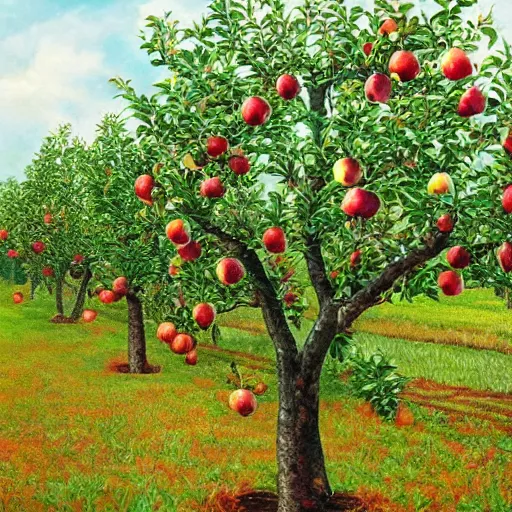 Prompt: apple trees brimming with apples, photorealistic,