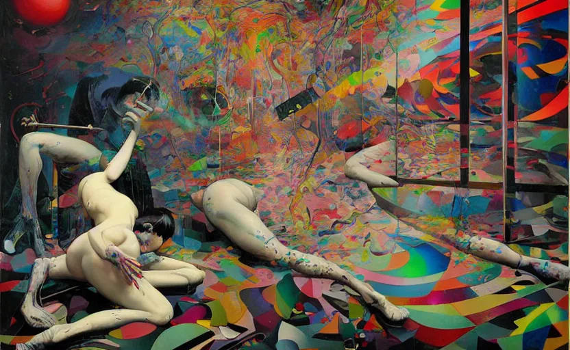 Prompt: decollage painting a multi - colored shot from a stalker movie tarkovsky vibe by adrian ghenie and takato yamamoto and edward hopper and mark ryden and tsutomu nihei, part by bridget riley, acrylic pour and splashing paint, very coherent, baroque elements, perfect anatomy, intricate design. pop art.