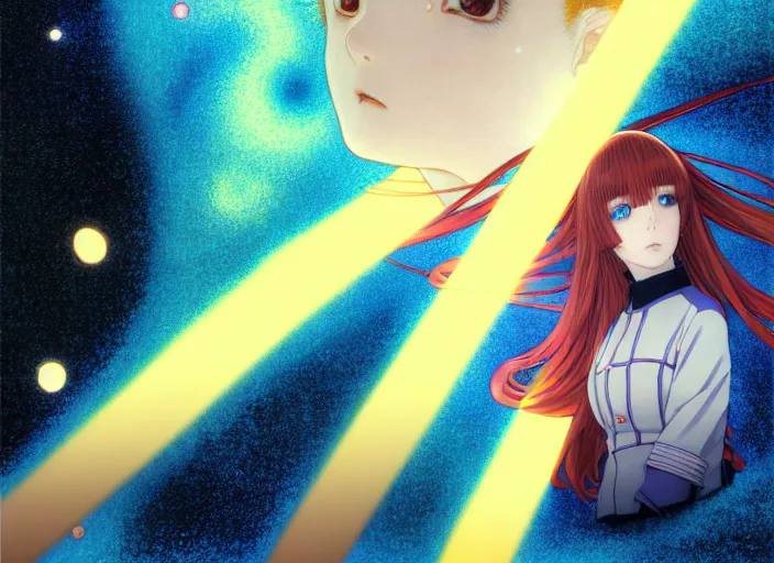 Prompt: a battle amongst the stars, katsura masakazu, Ilya Kuvshinov, digital, concept art, Kyoto animation,last exile, blue submarine no. 6, gustav klimt,loish, murata range, kawaii, yoshitaka amano, studio lighting, manga, bright colors, beautiful, 28mm lens,mucha, vibrant high contrast, gradation, jean giraud, fantasy, rule of thirds, unreal engine, fibonacci, intricate, cel shaded, blender npr, flat, matte print, soft eyes, smooth, mucha, makoto shinkai