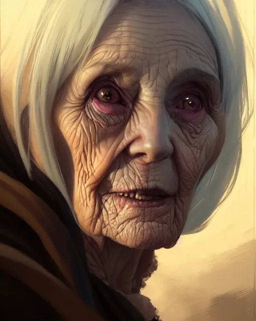 Prompt: a female necromancer old woman | | elderly - face, wrinkled face, realistic shaded perfect face, fine details. anime. realistic shaded lighting poster by greg rutkowski, magali villeneuve, artgerm, jeremy lipkin and michael garmash and rob rey