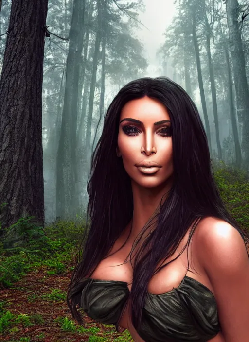 Image similar to alien swallowing kim kardashian, attire: bikini, big bust, backround: forest, fog, uhd, photorealism, realistic, wide shot, full shot.