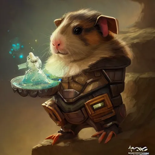 Image similar to cute little anthropomorphic Guinea Pig using mech armor, ultra wide lens shot , tiny, small, short, cute and adorable, pretty, beautiful, DnD character art portrait, matte fantasy painting, DeviantArt Artstation, by Jason Felix by Steve Argyle by Tyler Jacobson by Peter Mohrbacher, cinematic lighting