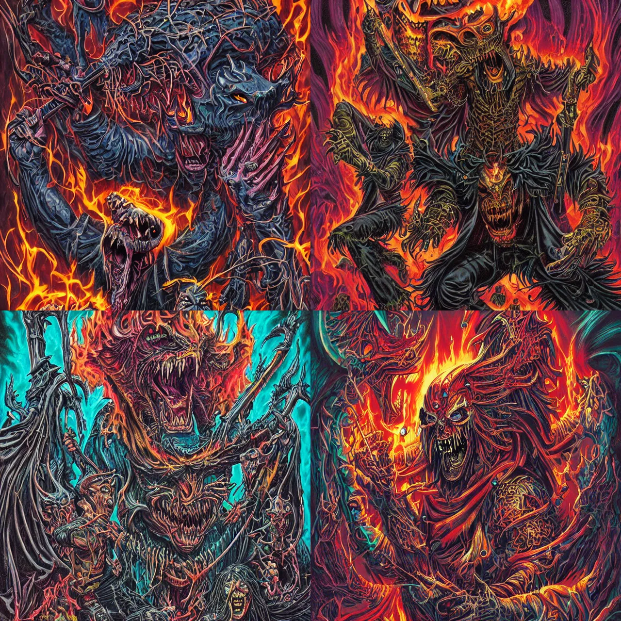 Prompt: demonic heretic agony 90s metal band cover art by hyperbeast and brom