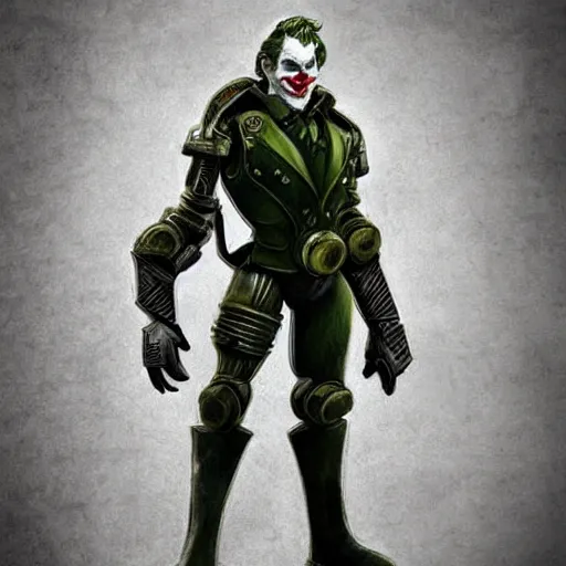 Image similar to the joker wearing power armor, fallout 3, very detailed, very intricate,