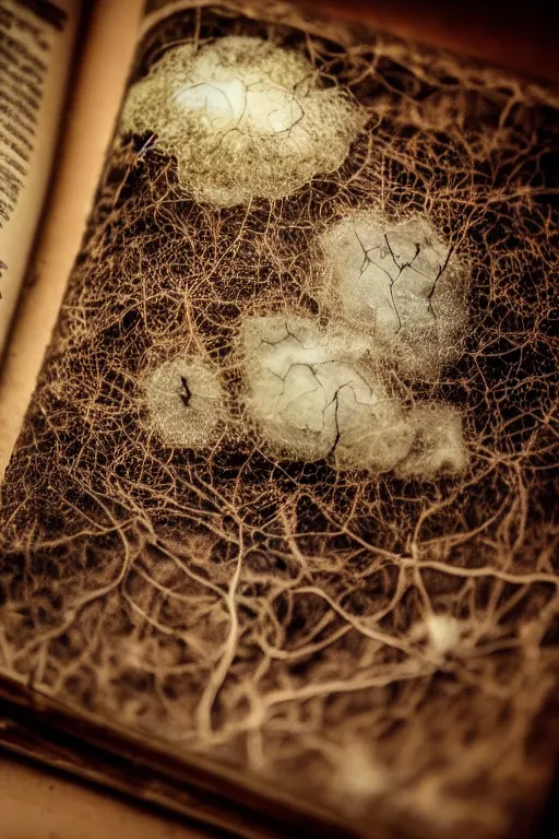 Prompt: Mycelium growing on an old dusty magic book, macro, dramatic lighting, cinematic, establishing shot, extremely high detail, foto realistic, cinematic lighting, post processed, concept art, high details, cinematic, 8k resolution, beautiful detailed, photorealistic, digital painting, artstation, concept art, smooth, sharp focus, artstation trending, octane render, unreal engine