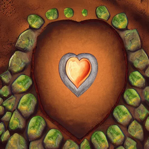 Prompt: realistic photo of a cave with stalactites and a painting petroglyph of an avocado inside a heart, parietal art style, inside a cavern, cave painting, sepia colors