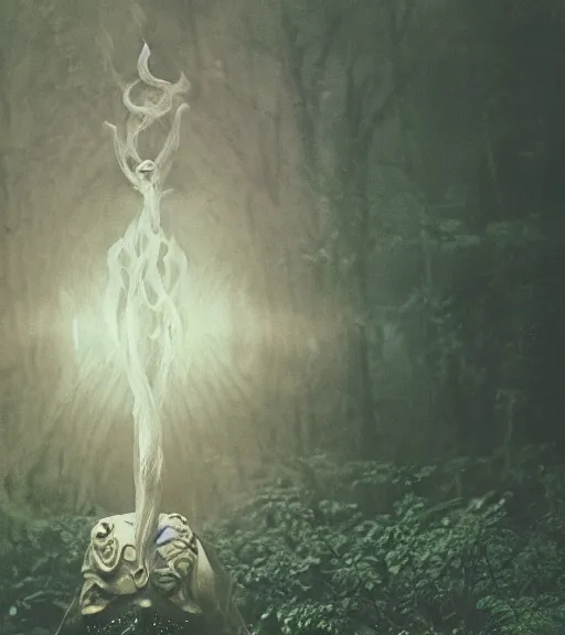 Prompt: mystical death god in beautiful nature, film photo, grainy, high detail, high resolution