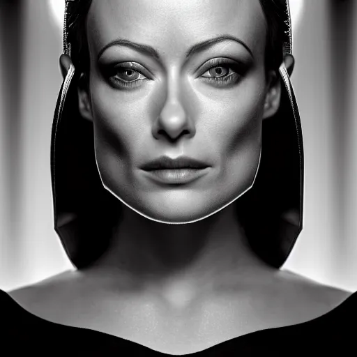 Prompt: symmetrical, close up face portrait of Olivia Wilde from TRON, scowling, studio lighting, depth of field, photography, black and white, highly detailed
