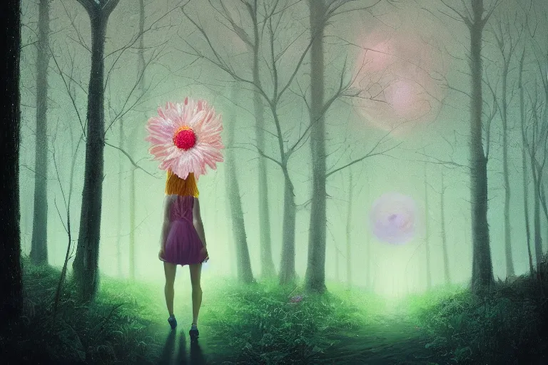 Image similar to giant daisy flowers head, girl walking in dark forest, surreal photography, dark night, stars, moon light, impressionist painting, clouds, digital painting, artstation, simon stalenhag