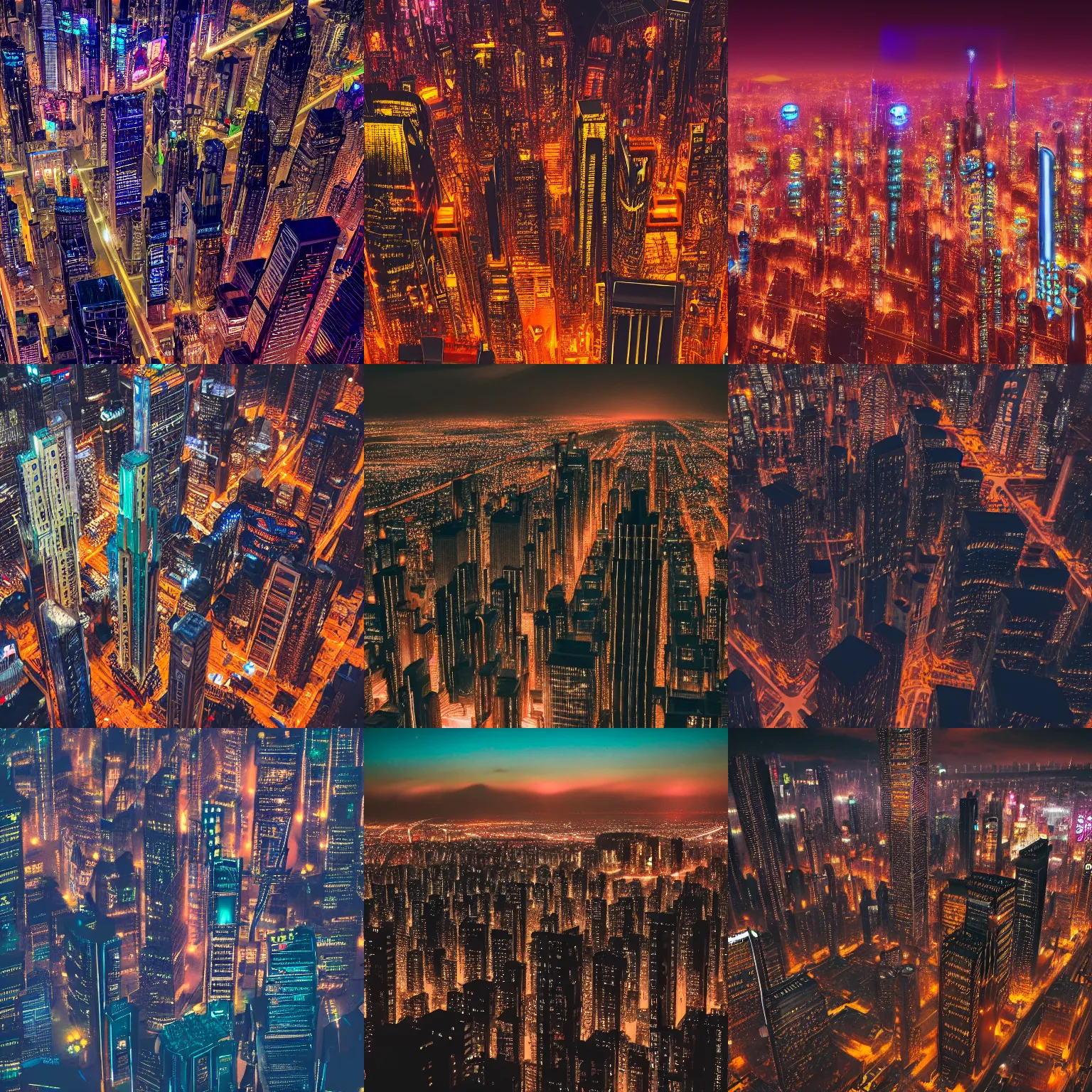 Prompt: detailed photo of an enormous cyberpunk Art Deco city seen from above at dusk