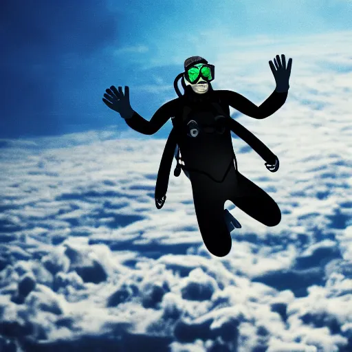 Image similar to a scubadiver flying in the sky above the clouds