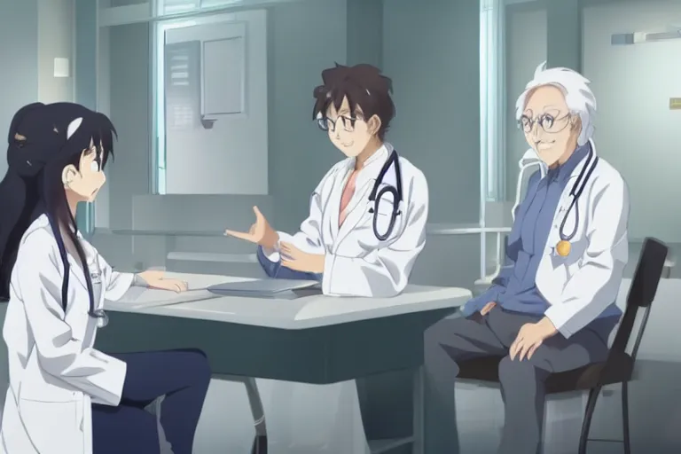 Image similar to a cute young female doctor wearing white coat are talking with an old surgeon in a hospital, slice of life anime, lighting, anime scenery by Makoto shinkai