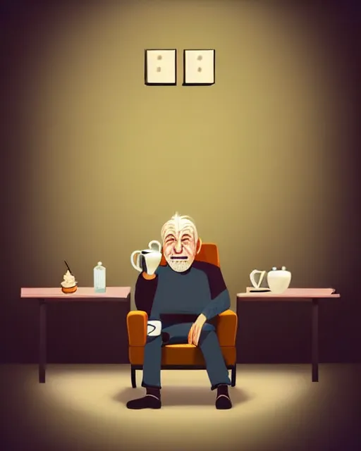 Image similar to old man sat eating cake and drinking a cup of tea in a large comfy chair in a padded cell, ultra realistic, concept art, intricate details, highly detailed