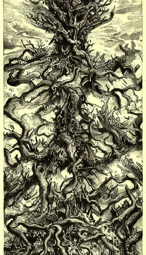 Image similar to a storm vortex made of many demonic eyes and teeth over a forest, by fortiche studio