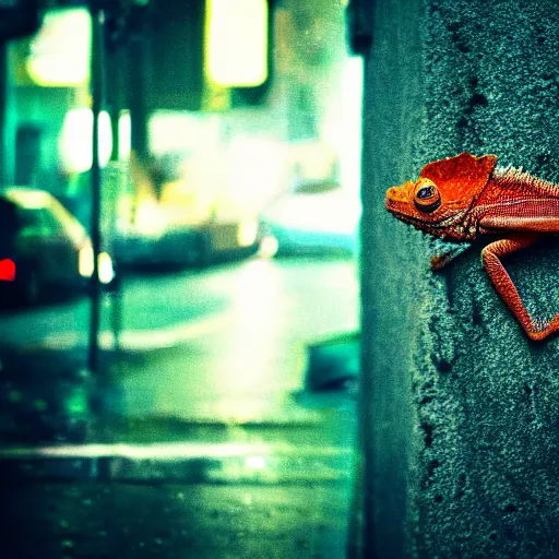 Prompt: a high quality photo of a chameleon on the streets of a cyberpunk city, rainy, reflective ground, neon lights, realism, 8k