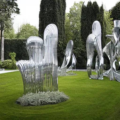 Image similar to giant Italian modern castle formal garden with a modern stainless steel organic shaped modern sculptureswith mirror finish by Tony Cragg, photo by Annie Leibovitz