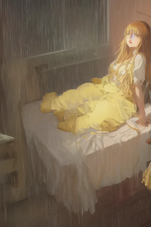 Image similar to a girl in a maid's outfit in the bedroom a night, raining outside the window, yellow theme, wavy white long hair, by krenz cushart and mucha and akihito yoshida and greg rutkowski and makoto shinkai, 4 k resolution