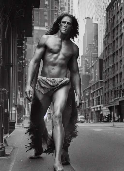 Prompt: film still, portrait of tarzan walk on the street of new york, by charlotte grimm, natural light, detailed face, beautiful features, symmetrical, 8 k, medium - format print, half body shot