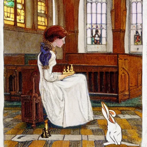 Image similar to a young edwardian woman playing chess with a rabbit inside a church, in the style of carl larsson