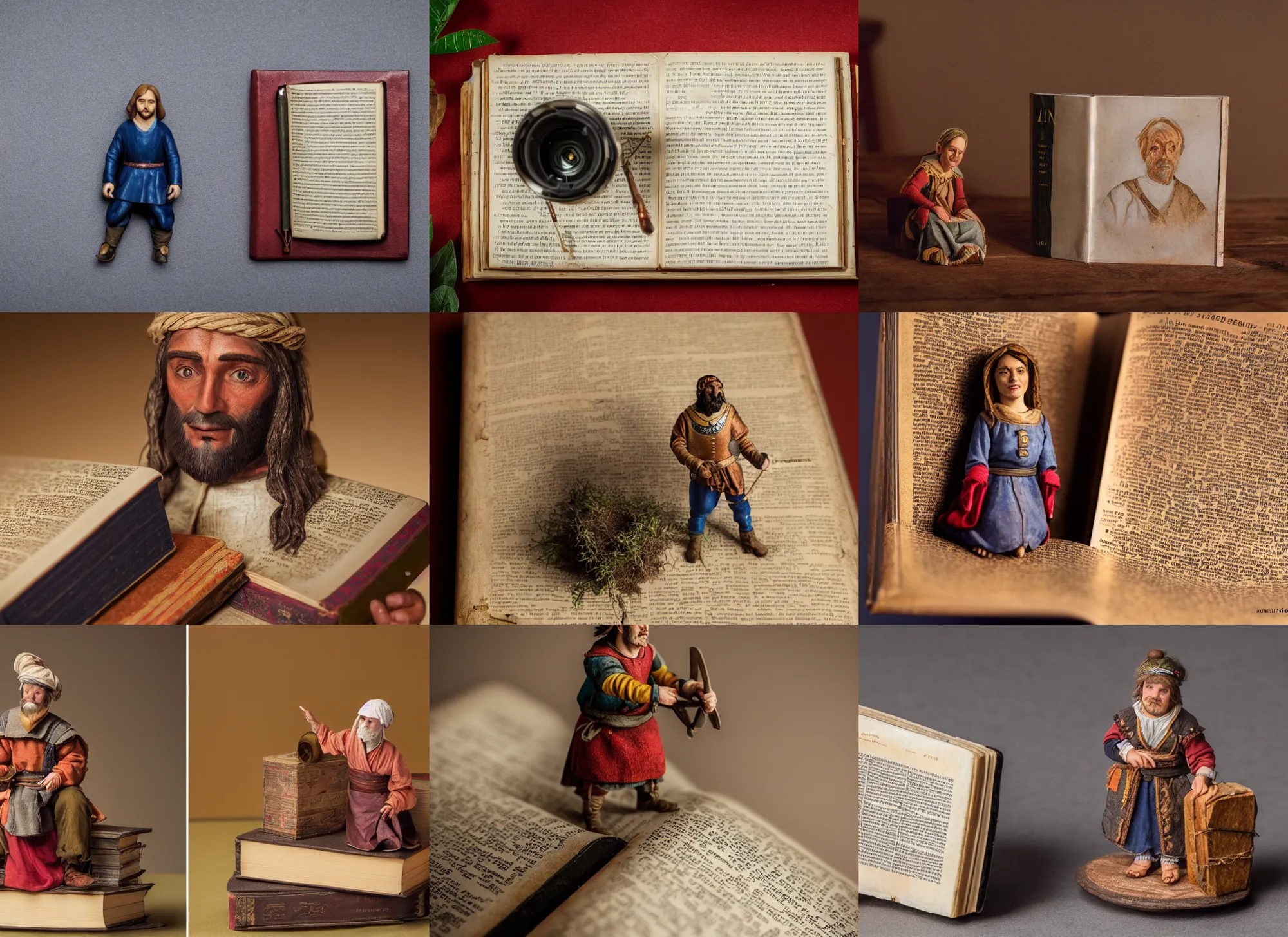 Prompt: photo still of lifelike peasant miniature on giant book 8 k, studio lighting bright ambient lighting key light, 8 5 mm f 1. 8