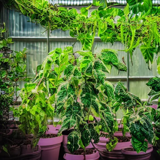 Prompt: wide shot several green and violet poisonous spiked vines with edgy leaves, grow from a pot, on wooden table in the ray of sunshine in greenhouse, sharp focus, high detailed, calm, warm lighting, by Rutkowsky