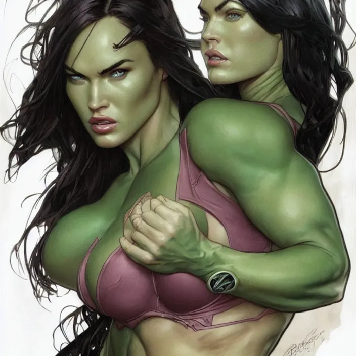 Prompt: megan fox as female hulk by artgerm, greg rutkowski, alphonse mucha