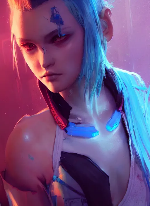 Prompt: beautiful young cyberpunk girl with blue hair, blue eyes, au naturel, digital art, trending in artstation, cinematic lighting, studio quality, smooth render, fluorescent skin, unreal engine 5 rendered, octane rendered, art style by klimt and nixeu and ian sprigger and wlop and krenz cushart