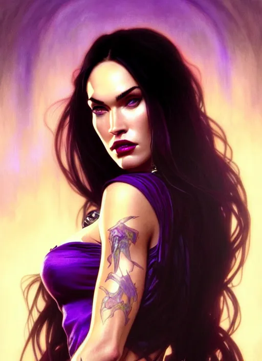 Image similar to portrait of megan fox as a vampire queen, jewelry, greek, purple, intricate, headshot, highly detailed, digital painting, artstation, concept art, sharp focus, cinematic lighting, illustration, art by artgerm and greg rutkowski, alphonse mucha, cgsociety