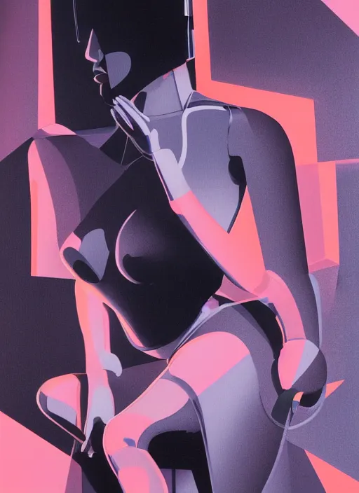 Image similar to futuristic lasers tracing, data visualization, laserpunk fullbodysuit,, pyramid visor, raindrops, wet, oiled, beautiful cyborg girl pinup, by steven meisel, kaws, rolf armstrong, cubist perfect geometry abstract acrylic, hyperrealism photorealistic airbrush collage painting, monochrome, neon fluorescent colors, minimalist rule of thirds, eighties eros