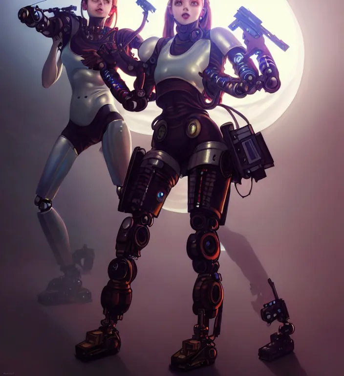 Image similar to full body painting of chuu loona cyberpunk mercenary smiling and fighting a robot, ultra realistic, concept art, intricate details, eerie, highly detailed, photorealistic, octane render, 8 k, unreal engine. art by artgerm and greg rutkowski and magali villeneuve and alphonse mucha