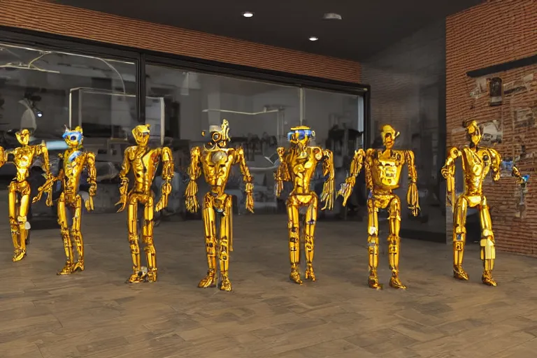 Image similar to a queue of 7 golden and blue metal humanoid steampunk robots in front of an entrance door to a futuristic nightclub, robots are wearing and gears and tubes, eyes are glowing red lightbulbs, shiny crisp finish, 3 d render, 8 k, insaneley detailed, fluorescent colors, nightlight