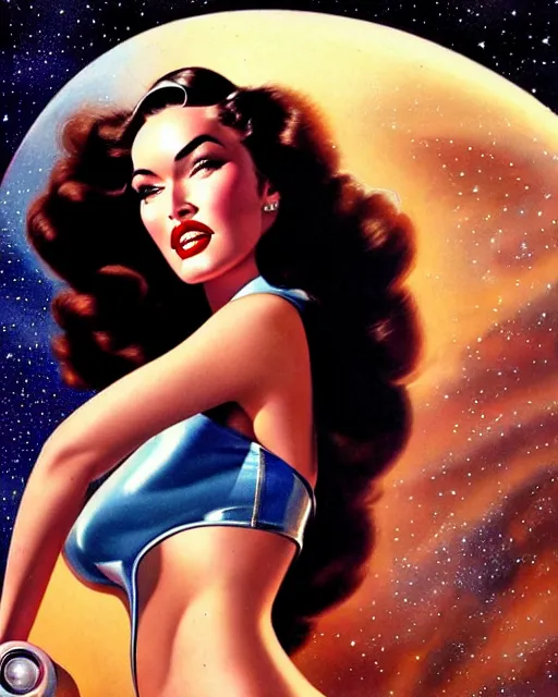 Image similar to closeup beautiful retro space megan fox varga girl, posing on a chrome space ship in diesel punk city, windblown dark hair, retro pinup model, seductive, 1 9 4 0, hyper detailed, digital art, smooth, sharp focus, gil elvgren,
