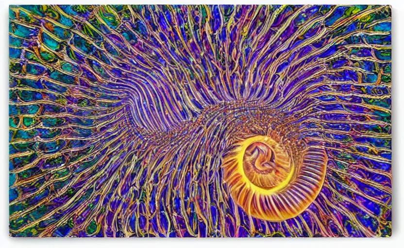 Image similar to a Photorealistic dramatic hyperrealistic sea shell by Alex Grey