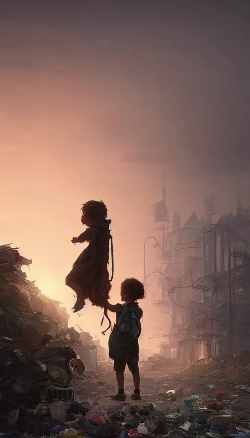 Image similar to poor detailed child with backpack standing at cars looking for food at garbage dump, destroyed cars, city is pure wasteland, moody sunset in background, greg rutkowski, alphonse mucha, trending on artstation, artgerm, unreal engine, breathtaking, award winning, highly detailed