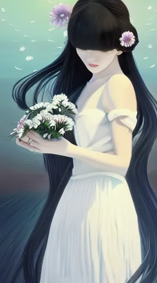 Image similar to little girl with her long black hair dressed in a simple white dress putting flowers on hair, anime art style, digital artwork made by ilya kuvshinov, inspired in balthus, hd, 4 k, hyper detailed